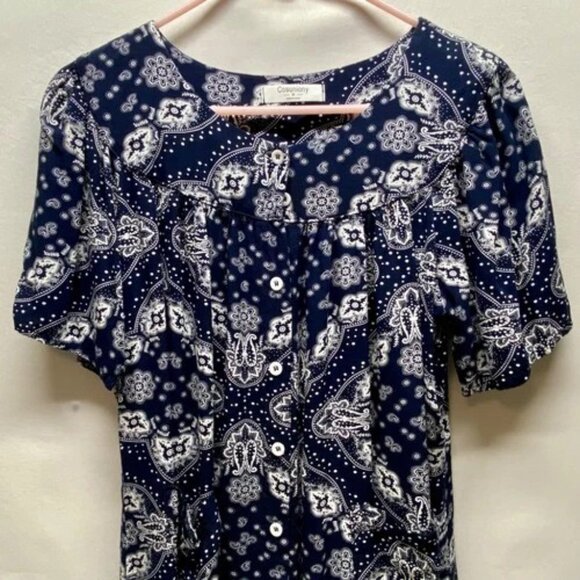 Cosuniony House Dress Women's Medium Navy Bandana Duster MuMu Button Down Robe - Picture 2 of 10